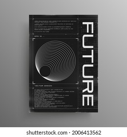 Retrofuturistic poster with HUD elements and broken laser grid.  Black and white poster design in cyberpunk style with the radial figure. Flyer design template. Vector illustration.