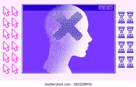 Retrofuturistic poster with human head silhouette and user interface elements. Cover for Artificial Intelligence and Neural Network subjects.