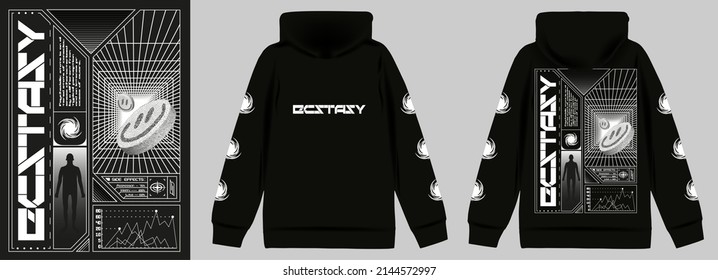 Retrofuturistic poster with text "Ecstasy". In the Techno style, a trendy print for a T-shirt, hoodie and sweatshirt. Isolated on black background