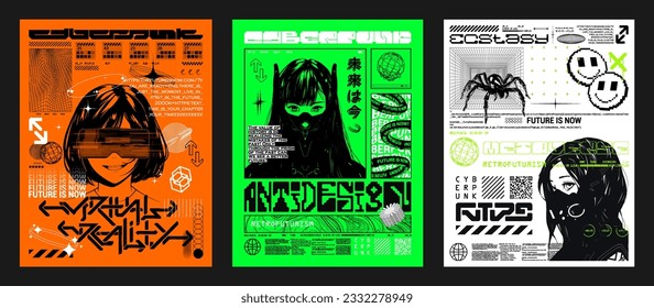 Retrofuturistic posters with cute anime girls, hi-tech, y2k geometric shapes, HUD interface. Cyberpunk 3D posters with manga girl in futuristic style. Prints for typography, streetwear, merch, t-shirt
