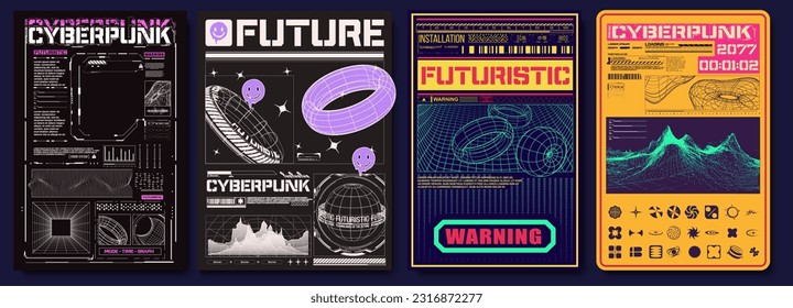 Retrofuturistic posters with cyber lettering. Collection of modern abstract posters. In acid style. Retro futuristic design elements, perspective grid, tunnel, circle.