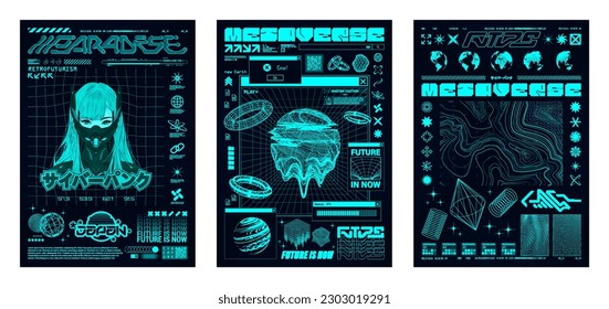 Retrofuturistic posters with cyber lettering, grid, geometric shapes, anime girl in cyberpunk style. Y2K graphic, acid colors, poster retro futuristic with HUD. Translation from Japanese - cyberpunk