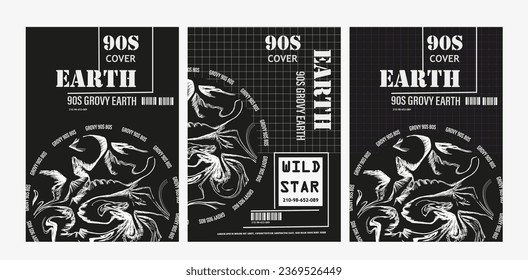 Retrofuturistic posters with cyber lettering, grid, geometric, Techno poster template in cyberpunk style. Retrofuturistic mockup posters set with strange elements