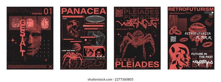 Mockups de afiches retrofuturistas ambientadas en el viejo estilo de los 80-90, concepto ciberpunk, retrofuturismo. Carteles con objetos 3D, letras futuristas. Plantilla de ácidos para camisetas, merco, ropa de calle. Vector