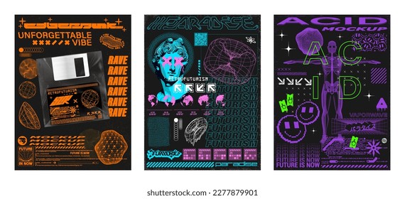 Retrofuturistic posters set, Y2k, techno style for typography, streetwear, t-shirt, hoodie, prints, merch. Retro futuristic posters with 3D human body, abstract shapes, floppy, acid colors. Vector Y2k