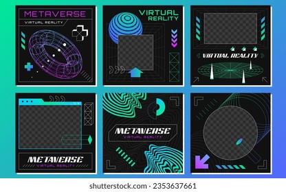 Retrofuturistic posts with abstract 3d wireframes geometry objects from line grid. Geometric shapes silhouette in vaporwave style. Design figures in perspective view. Vector outline illustration set