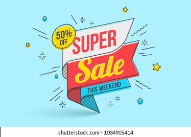 Retro-futuristic promotion banner, scroll, price tag. Vector illustration