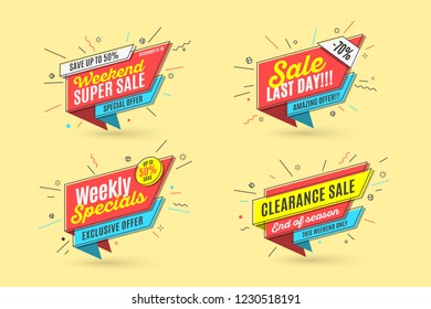 Retro-futuristic promotion banner, scroll, price tag. Vector illustration set