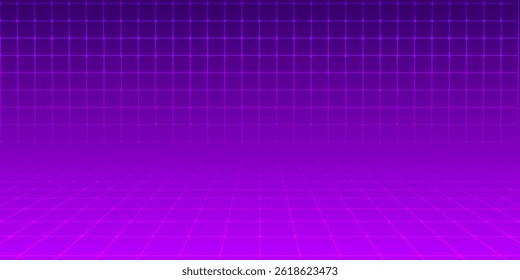 Retro-futuristic purple grid vector background with a glowing gradient, creating a classic 80s sci-fi and vaporwave aesthetic, perfect for tech, gaming, and creative projects.