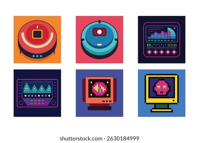 Robôs, painéis e monitores de computador retro-futuristas