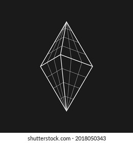 Retrofuturistic rombic bipyramid. Cyber retro design element. Volumetric grid pyramid in cyberpunk 80s style. Perspective geometry for poster, cover, merch in retrowave style. Vector illustration.