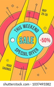 Retro-futuristic sales background, promotion banner, layout. Color swatches control