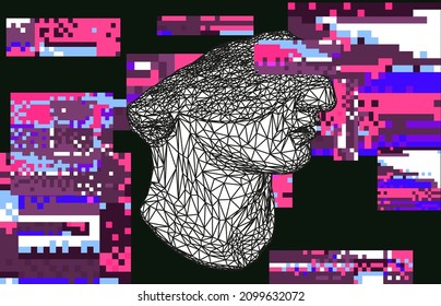 Retrofuturistic sci-fi 3D illustration of a low poly bust and distorted pixel background. Vaporwave computer art aesthetic.