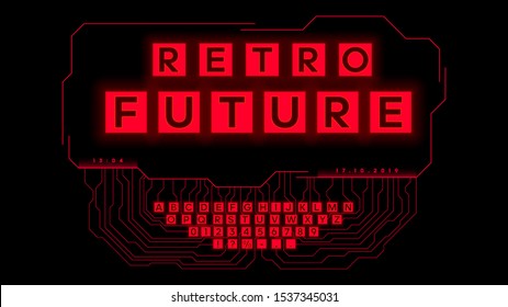 Retrofuturistic sci-fi glowing red vector font design. English letters, numbers and symbols. Digital hi-tech style symbols. Typography design for headlines, labels, posters, cover, etc. Eps 10.