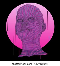 Retrofuturistic sci-fi illustration of Low poly 3D head, human face structure made of grid.