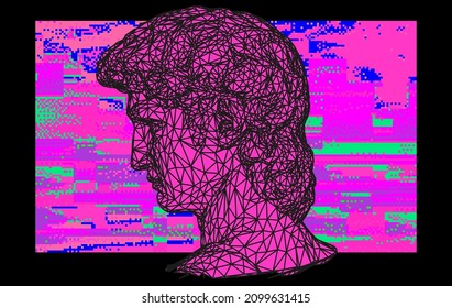 Retrofuturistic sci-fi style 3D illustration of a low poly bust and glitched distorted pixels on the background. Vaporwave computer art aesthetics.