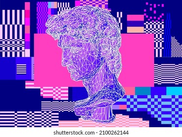 Retrofuturistic sci-fi style 3D illustration of a low poly bust and glitched distorted pixels on the background. Vaporwave computer art aesthetics.