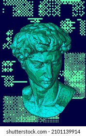 Retrofuturistic sci-fi style 3D illustration of a low poly bust. Vaporwave computer art aesthetics.