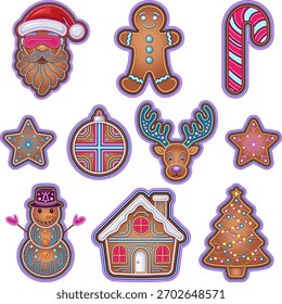 Retro-futuristic set of 10 gingerbread icons with glowing purple neon outlines: stylish Santa, smiling figure, candy cane, bauble, stars, reindeer, snowman, house, lit tree. Evokes joyful cyber cheer;