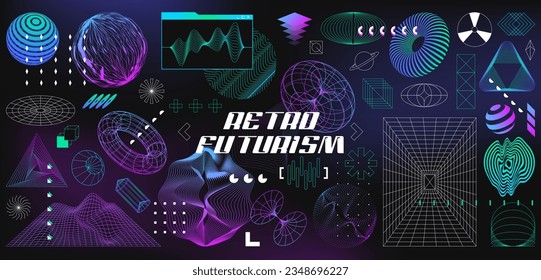 Retrofuturistic set of cyber shapes. Abstract 3d wireframe geometry objects from line grid. Geometric figures in vaporwave style. Design elements in perspective view. Vector outline illustration.