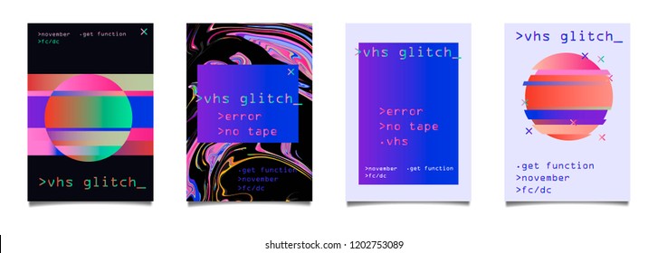 Retrofuturistic set of posters with holographic flickering glitched elements (computer interface window, circle). Vaporwave/ synthwave style.