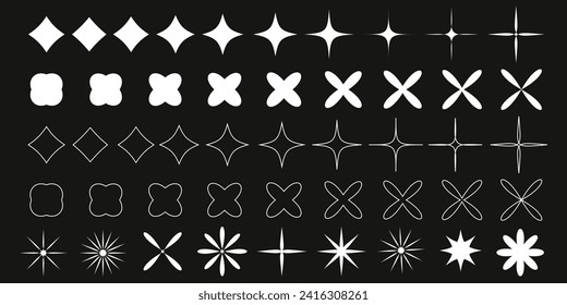 Retro-futuristic shiny icons collection, lined and filled. Set of star figures. Abstract cool sign vector design with glitter effect, pucker bloat. Templates for designs, posters, projects, banners, l