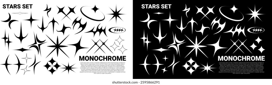 Retrofuturistic stars Collection set. Y2k star sparkle bling abstract tattoo shapes Vector illustration