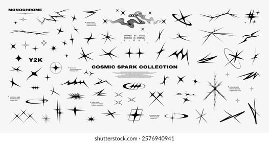 Retrofuturistic stars, sparks, flashes, flat glare in Y2K set. Retro futuristic shapes, cyber sigilism elements, space sparks. Vaporwave acid elements from 80s, 90s, 00s. Y2k stars. Vector graphic set