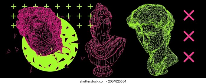 Retrofuturistic style 3D illustration of a low poly bust on dark background.