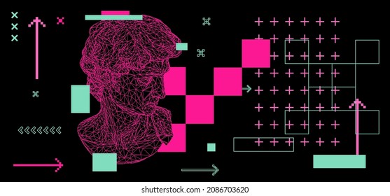 Retrofuturistic style 3D illustration of a low poly bust on dark background. Vaporwave computer art aesthetics.