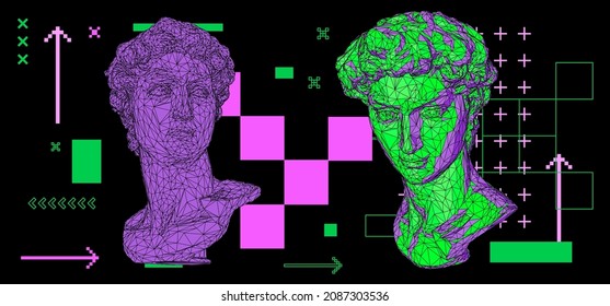 Retrofuturistic style 3D illustration of a low poly bust on dark background. Vaporwave computer art aesthetics.