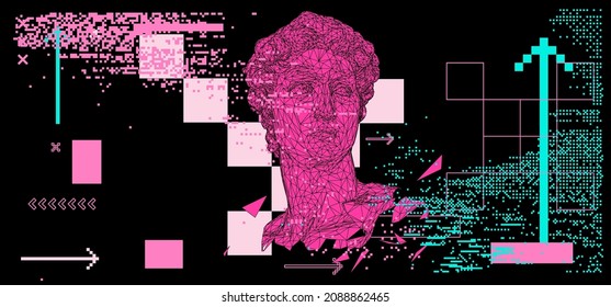 Retrofuturistic style 3D illustration of a low poly bust on dark background. Vaporwave computer art aesthetics.