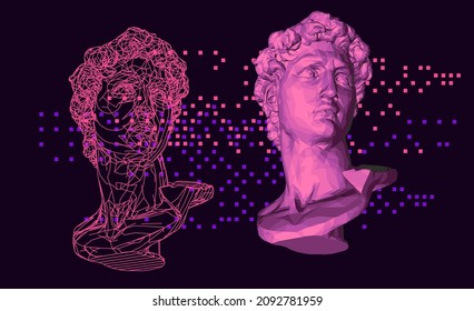 Retrofuturistic style 3D illustration of a low poly bust on dark background. Vaporwave computer art aesthetics.