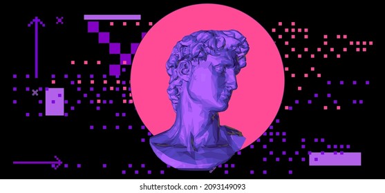 Retrofuturistic style 3D illustration of a low poly bust on dark background. Vaporwave computer art aesthetics.