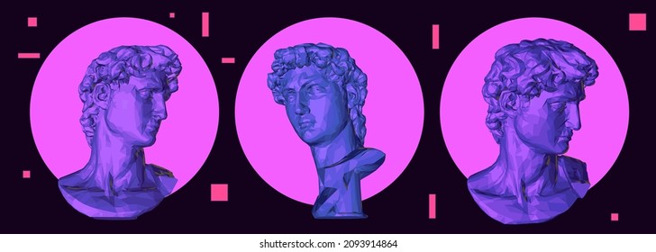 Retrofuturistic style 3D illustration of a low poly bust on dark background.