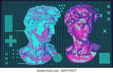 Retrofuturistic style 3D illustration of a low poly bust on dark background. Vaporwave computer art aesthetics.