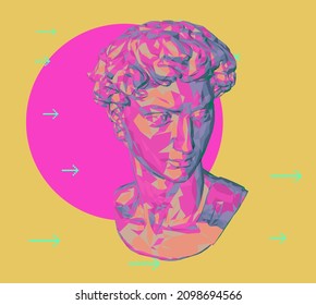 Retrofuturistic style 3D illustration of a low poly bust on yellow background. Vaporwave computer art aesthetics.