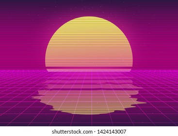 Retrofuturistic synthwave background in 80s-90s neon noir style. Abstract background with laser grid wireframe in vintage arcade game style. Vector illustration for poster, music cover, party banner.