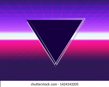 Retrofuturistic synthwave background in 80s-90s neon noir style. Abstract background with laser grid wireframe in vintage arcade game style. Vector illustration for poster, music cover, party banner.