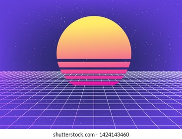 Retrofuturistic synthwave background in 80s-90s neon noir style. Abstract background with laser grid wireframe in vintage arcade game style. Vector illustration for poster, music cover, party banner.