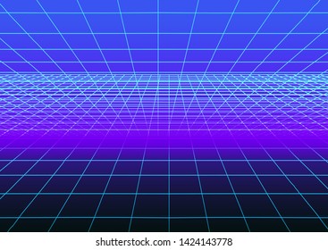 Retrofuturistic synthwave background in 80s-90s neon noir style. Abstract background with laser grid wireframe in vintage arcade game style. Vector illustration for poster, music cover, party banner.