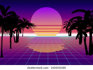 Retrofuturistic synthwave background in 80s-90s neon noir style. Abstract background with laser grid wireframe and palm trees in vintage arcade game style. Vector illustration for poster, music cover.