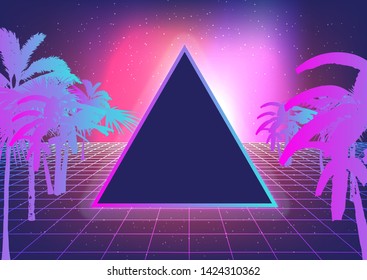 Retrofuturistic synthwave background in 80s-90s neon noir style. Abstract background with laser grid wireframe and palm trees in vintage arcade game style. Vector illustration for poster, music cover.