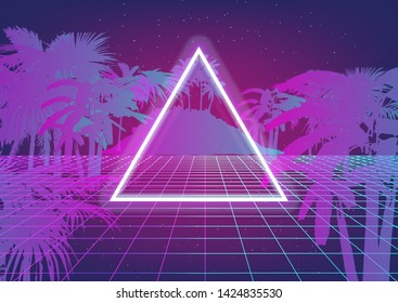 Retrofuturistic synthwave background in 80s-90s neon noir style. Abstract background with laser grid wireframe and palm trees in vintage arcade game style. Vector illustration for poster, music cover.