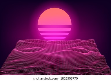 Retrofuturistic Synthwave Neon Landscape with Glowing Sun like in old arcade video games. 