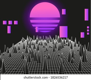 Retrofuturistic Synthwave Neon Landscape with Glowing Sun like in old arcade video games. 