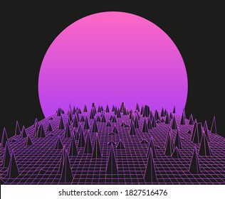 Retrofuturistic Synthwave Neon Landscape with Glowing Sun like in old arcade video games. 