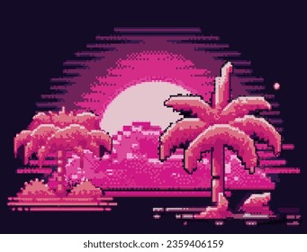 Retrofuturistic synthwave pixel art illustration of a big moon above the horizon and palm trees.