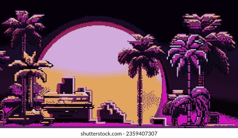 Retrofuturistic synthwave pixel art illustration of a big moon above the horizon and palm trees.