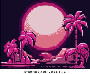 Retrofuturistic synthwave pixel art illustration of a big moon above the horizon and palm trees.